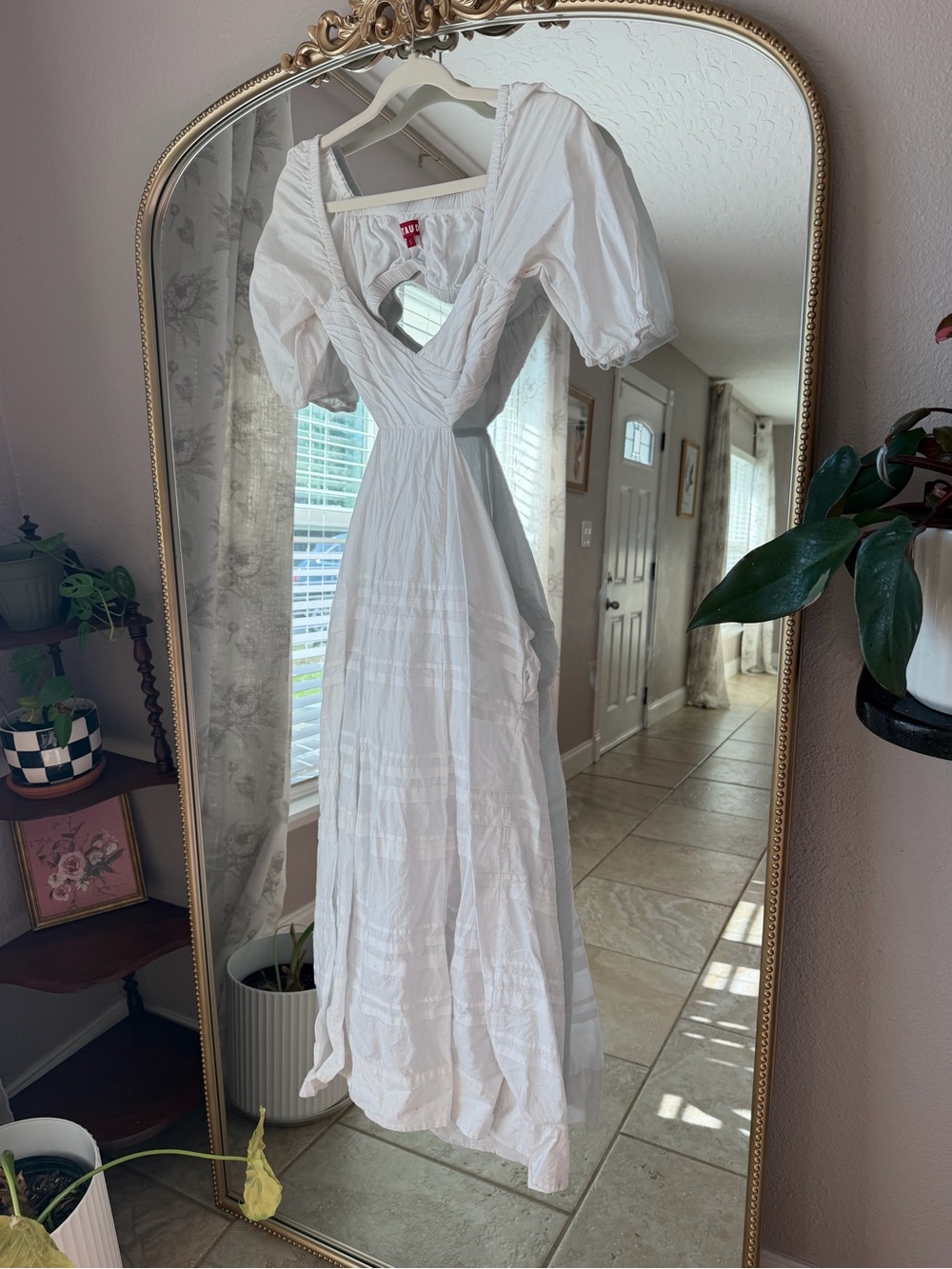 STAUD White Puff-Sleeve Maxi Dress with Ruched Bodice